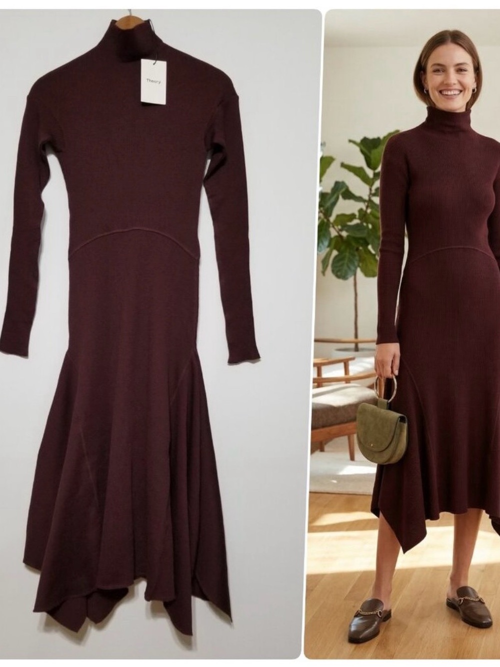 NWT Theory ribbed knit panel midi dress virgin wool dark currant wine red size M